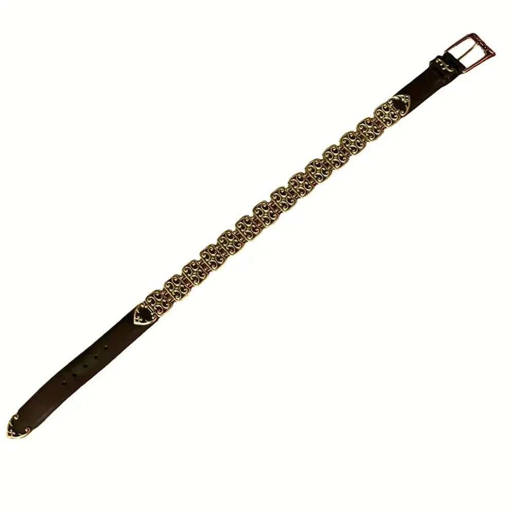 Brighton Black Leather Belt Antique Gold Open Scrollwork Panel Links Size MEDIUM